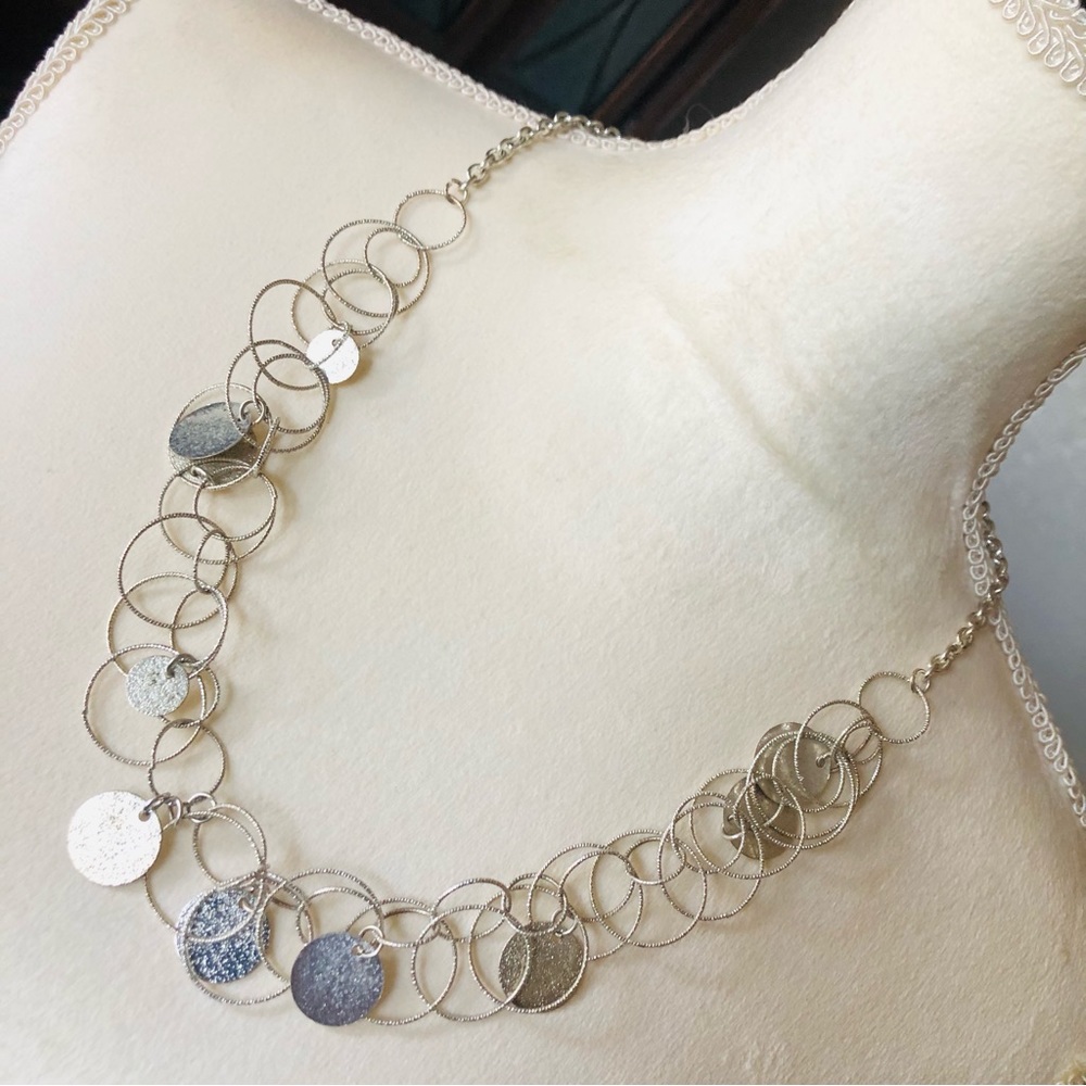 Textured silver link coin fringe necklace